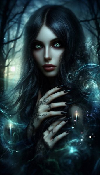 Вампирша в лунном свете: тайна лесов и призрачные тени под водой. Нейросеть Dalle 3