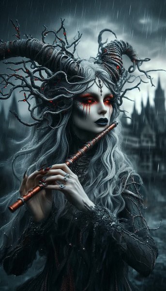 Демоница в ветвях: готическая фотография с призрачным замком и ржавым дождем. Нейросеть Dalle 3