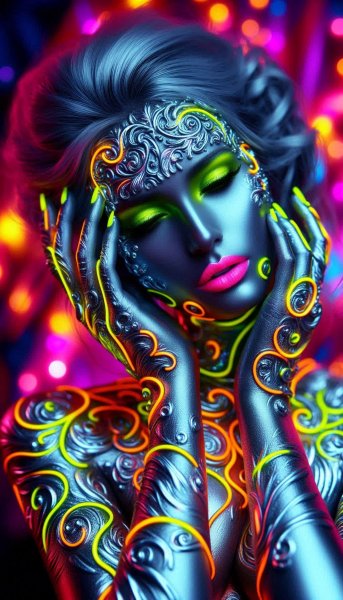 Радиоактивная красотка в мерцающем серебре и неоновых красках. Генерация из нейронной сети Dalle-3