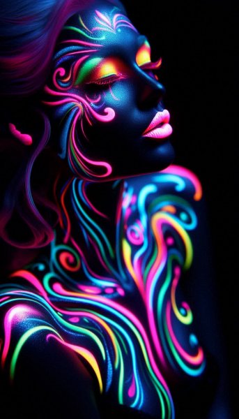 Силуэт в неоновом свете: гипнотические татуировки и яркие краски. Генерация из нейросети Dalle