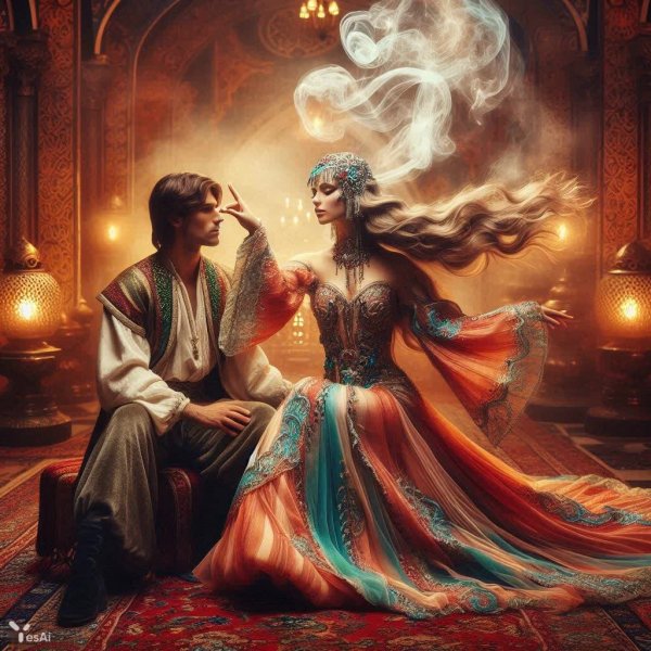 Волшебный танец страсти и нежности в роскошном восточном зале. Генерация из нейросети Dalle 3