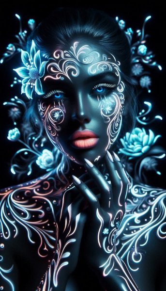 Неоновые татуировки и мерцающие узоры: завораживающий портрет девушки в стиле киароскуро. Изображение из нейросети Dalle