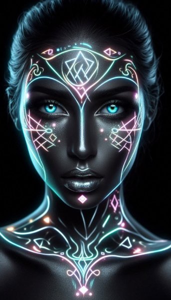 Неоновое сияние: портрет женщины в стиле кельтской фантазии и графических форм. Изображение из нейросети Dalle-3