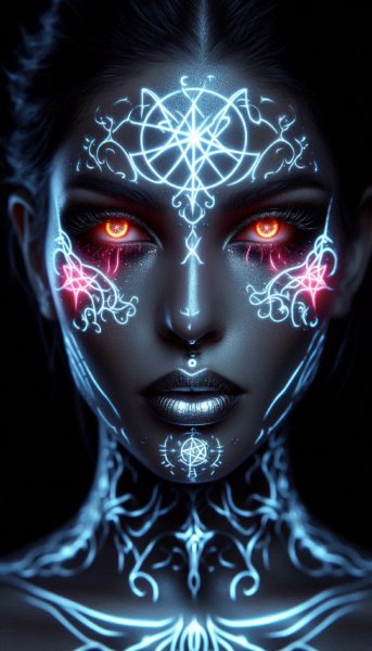 Женщина в серебряных татуировках с неоновым свечением и яркими символами. Изображение из нейросети Dalle 3