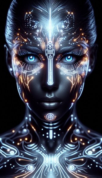 Неоновая египетская красавица в мерцающем серебре и жидком ртути. Генерация из нейронной сети Далли 3