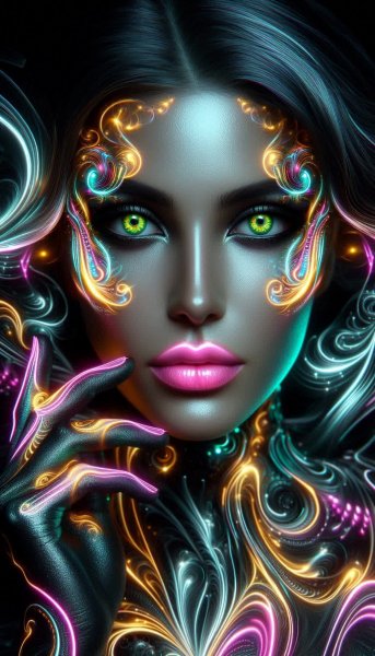 Неоновый портрет: арабские цифры и мерцающий серебряный вихрь света. Изображение из нейронной сети Dalle