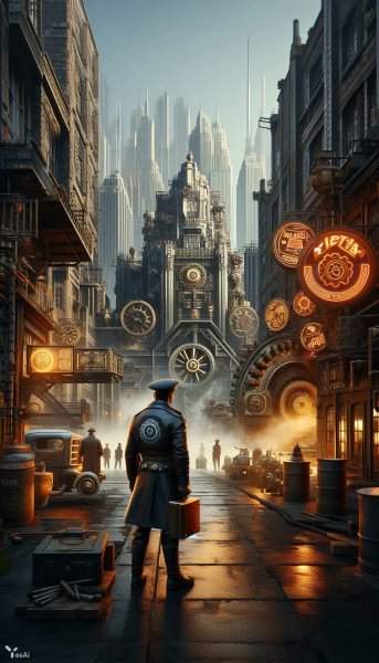 Дизельный панк: город индустриальной эстетики и загадочной атмосферы. Генерация из нейронной сети Dalle 3