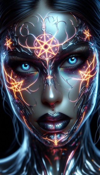 Неоновый портрет женщины с таинственными пентаграммами и серебряными узорами. Генерация из нейросети Dalle-3