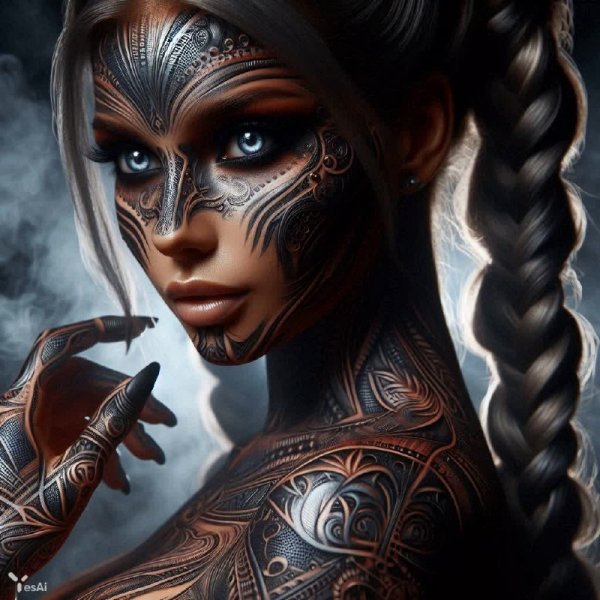 Ведьма из дыма: гиперреалистичный портрет в темных тонах и фрактальном бодиарт. Картинка из нейросети Dalle 3
