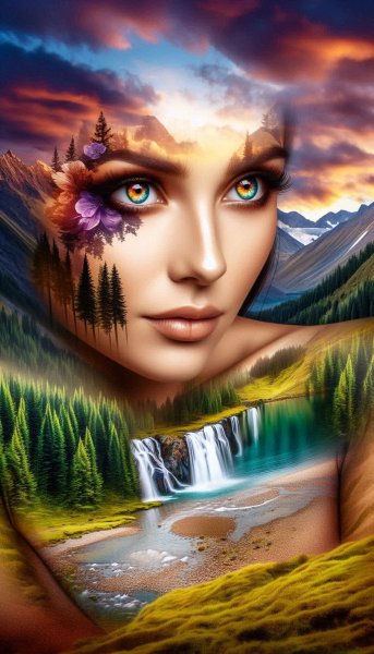Загадочный взгляд в объятиях природы и таинственных красок. Изображение из нейросети Dalle