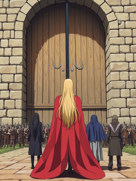 Трое сыновей у ворот замка: предчувствие судьбы и ожидание битвы. Нейросеть Flux