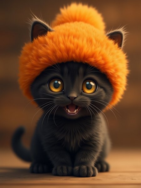Милый котенок в оранжевой шапке: очаровательное изображение. Нейронная сеть Flux Ai