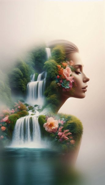 Женский силуэт и водопад: мечта в пастельных тонах. Нейросеть Dalle
