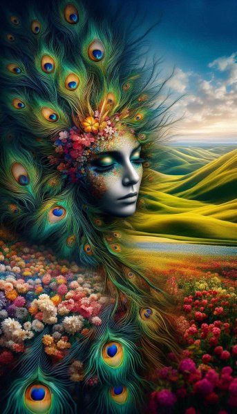 Нежная красота: женщина в объятиях природы и перьев павлина. Изображение из нейронной сети Dalle 3