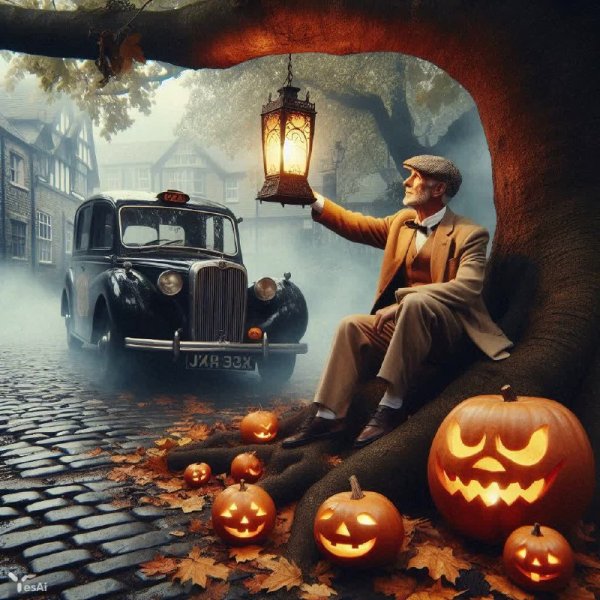 Таинственная ночь перед Хэллоуином в английском городке. Генерация из нейросети Dalle 3