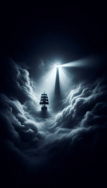 Таинственный корабль в туманной дымке маяка. Картинка из нейросети Dalle 3