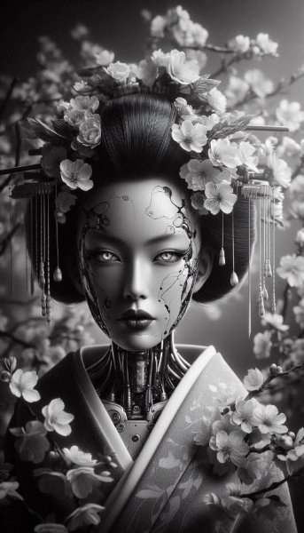 Нежная геоша и сакура: двойная экспозиция в стиле Greg Rutkowski. Изображение из нейросети Dalle-3
