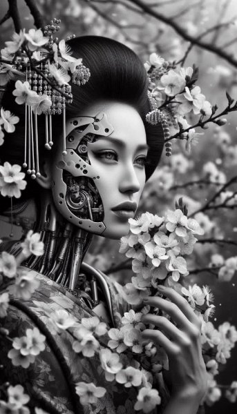 Нежная красота гейши в цветущей сакуре: гармония механики и природы. Картинка из нейросети Dalle