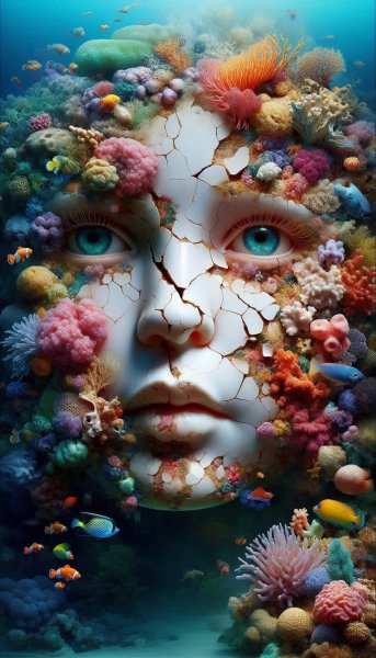Хрупкая красота: контраст фарфора и кораллового рифа. Генерация из нейронной сети Dalle 3