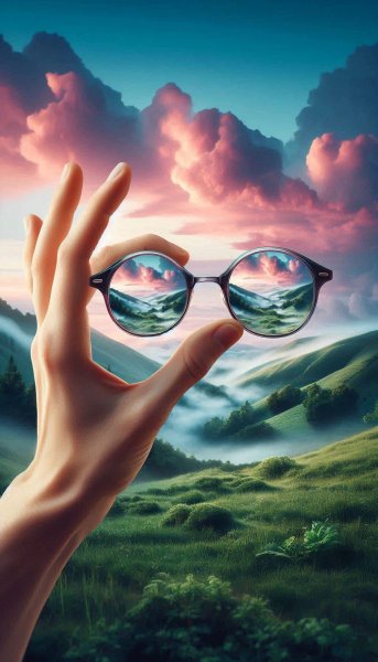 Очки создают форму ок отражая пейзаж спереди и сзади коллаж. Изображение из нейросети Dalle 3