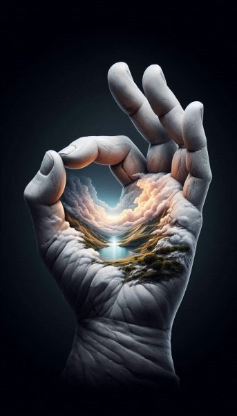 Загадочная рука древней статуи и неземной пейзаж. Изображение из нейросети Dalle