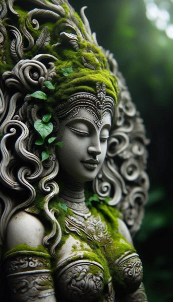 Богиня из камня: завораживающая детализация и изумрудный мох. Генерация из нейронной сети Dalle