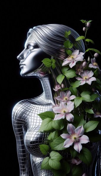 Хромированная женская фигура среди клематиса и зелени. Картинка из нейронной сети Далли 3