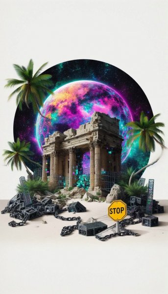 Руины древности в галактическом свете и космической буре. Нейросеть Dalle