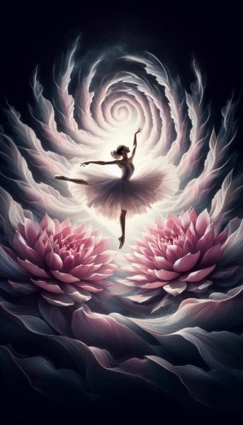 Заколдованная летящая балерина в розовом танце лотосов. Генерация из нейронной сети Dalle