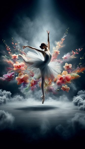 Изящный прыжок балерины в туманной дымке. Генерация из нейросети Dalle
