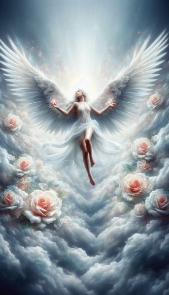 Восхождение ангела в нежных облаках из лепестков роз и света. Картинка из нейронной сети Dalle 3