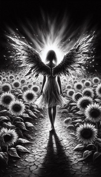 Ангел среди увядших подсолнухов: хрупкость и стойкость души. Изображение из нейросети Dalle-3