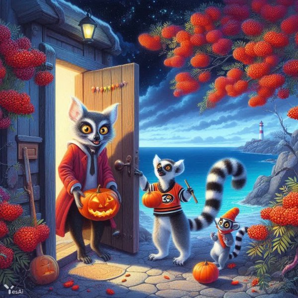 Хеллоуин на Черноморье: кот, лемур и хоккейный вратарь. Нейросеть Dalle