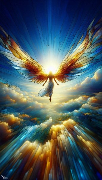 Ангел из витражного стекла в голубом небе. Изображение из нейронной сети Dalle