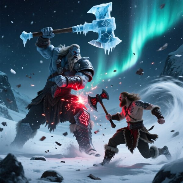 Битва берсеркера с ледяным великаном в северном сиянии. Картинка из нейросети Qwen images Ai