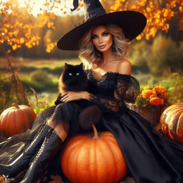 Осенняя ведьма с черным котом и тыквой. Генерация из нейросети Dalle 3