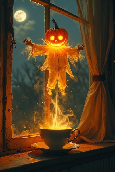 Парящий страж урожая: сказочная встреча тыквы и чая при лунном свете. Картинка из нейронной сети Flux.1