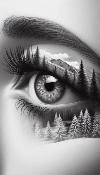 Загадочный взгляд: горы и зимний лес в объятиях тумана. Картинка из нейросети Dalle