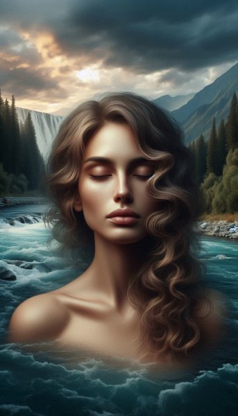 Безмятежный портрет: спокойствие реки и гор. Картинка из нейросети Dalle