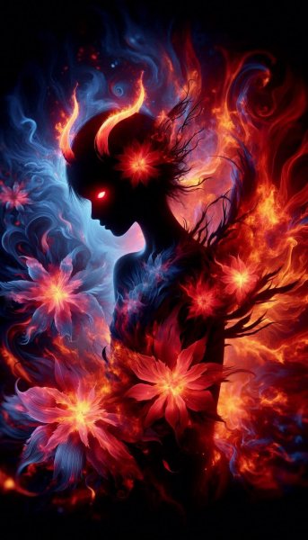 Огненная девушка: танец теней и пламени в двойной экспозиции. Картинка из нейронной сети Dalle