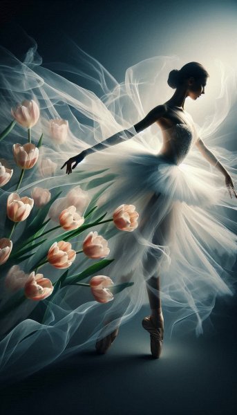 Легкость танца и нежность тюльпанов в двойной экспозиции. Изображение из нейросети Dalle
