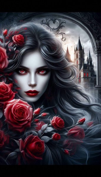 Загадочная вампирша из замка и роз: таинственный взгляд сквозь тьму. Картинка из нейросети Dalle-3