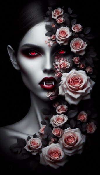 Вампирша и розы: танец страсти и опасности в двойной экспозиции. Изображение из нейросети Dalle 3