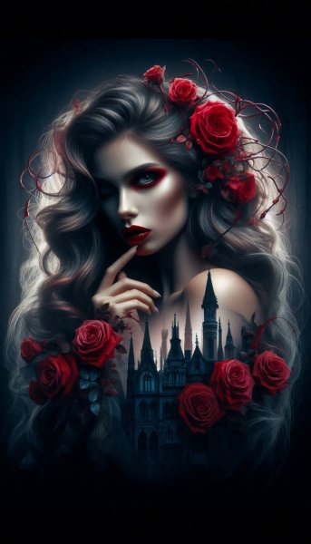 Таинственная вампирша в объятиях древнего замка. Картинка из нейронной сети Dalle 3