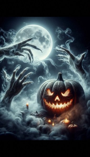 Призрачный тыква в дымке лунного света и призрачных руках. Генерация из нейросети Dalle 3