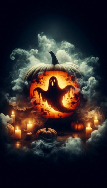 Призрачный силуэт в тыкве: жуткая атмосфера и коллаж. Изображение из нейросети Dalle 3