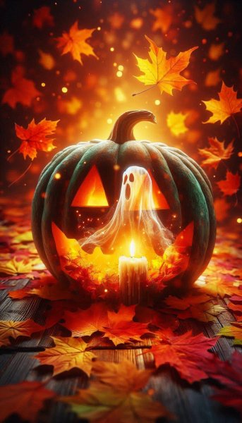 Загадочный светящийся фонарь с призраком и осенними листьями. Изображение из нейронной сети Dalle