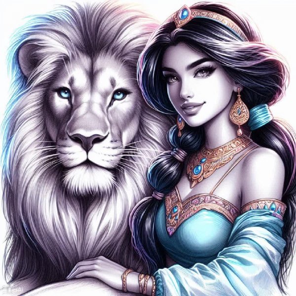 Яркая Жасмин: неоновый скетч в стиле гиперреализма Аграбы и приключений Аладдина. Картинка из нейронной сети Dalle 3