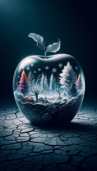 Зимний пейзаж в хрустальном яблоке: сюрреалистичная черно-белая фотография с яркими акцентами. Изображение из нейросети Далли 3