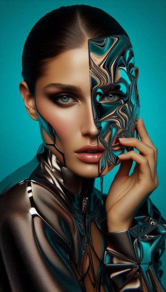 Металлические узоры и таинственная модель в ярком свете. Картинка из нейросети Dalle
